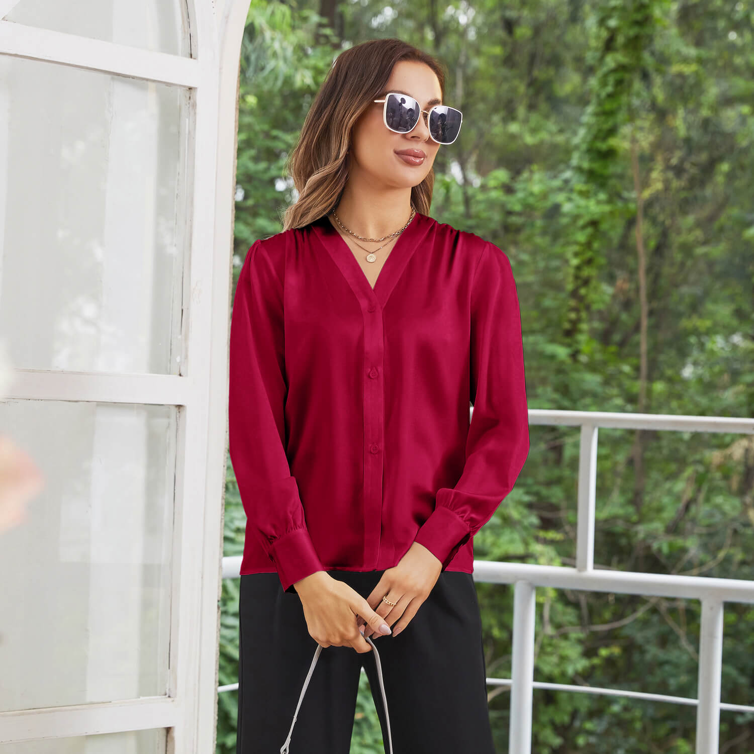 Women Long Sleeves V Neck Silk Blouse - slipintosoft