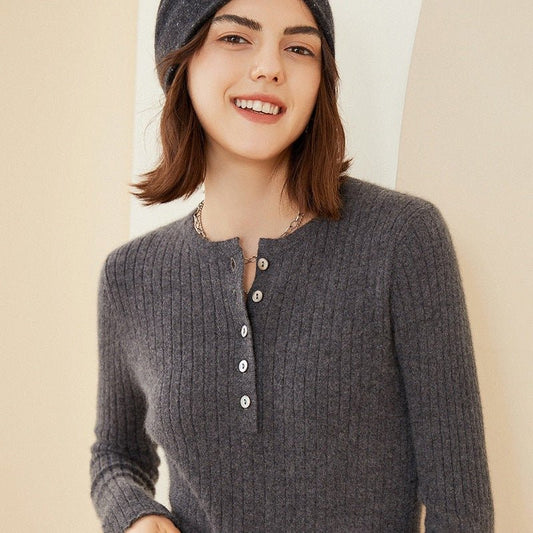 Women's 100% Ribbed Cashmere Crewneck & Button Sweater - slipintosoft