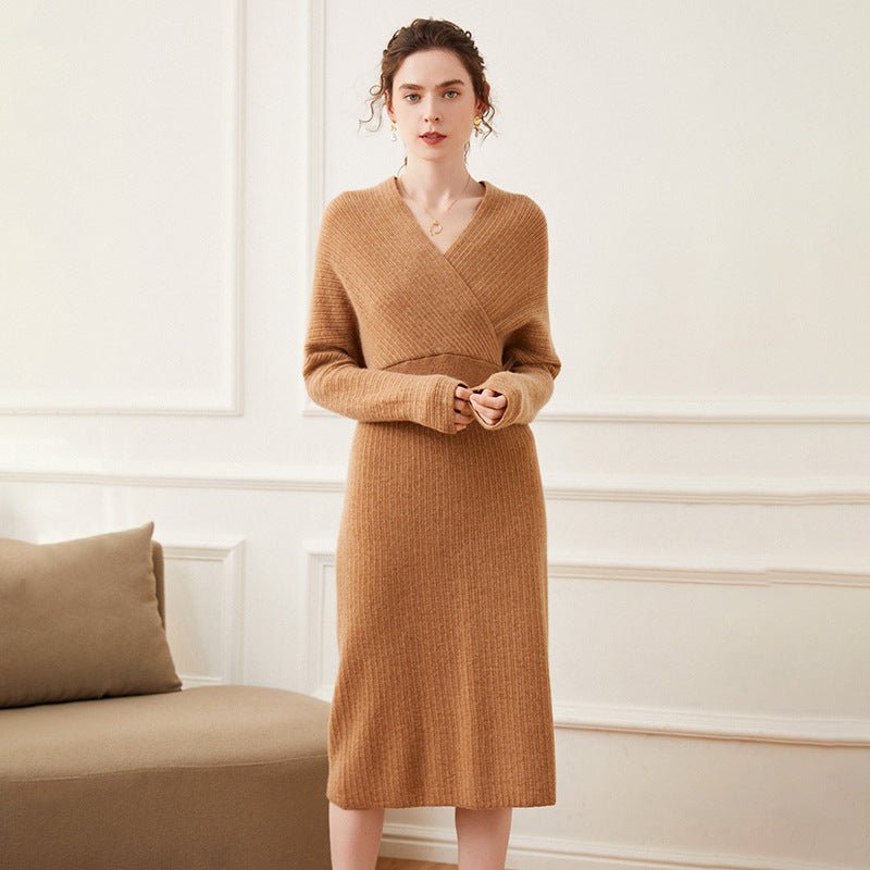 Women's A Line Cashmere Dress Long Sleeves Wrap Cashmere Dress - slipintosoft