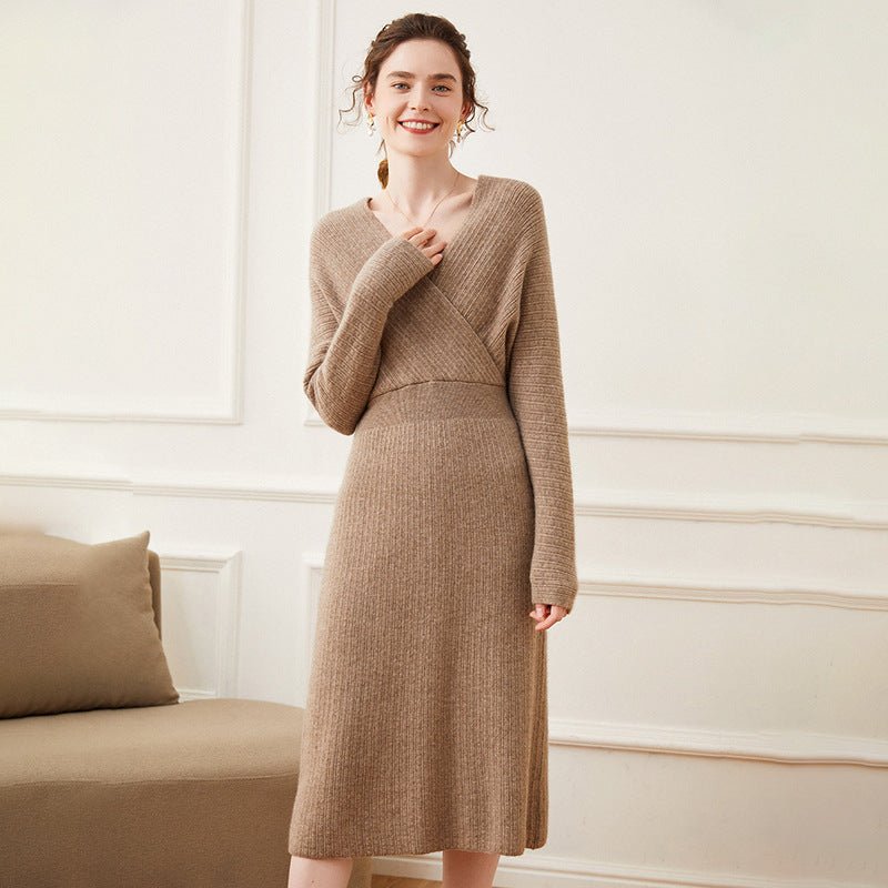 Women's A Line Cashmere Dress Long Sleeves Wrap Cashmere Dress - slipintosoft