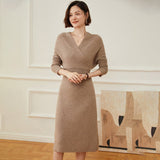 Womens Cashmere Ribbed Knit Wrap Dress Long Sleeve V Neck Midi Dresses