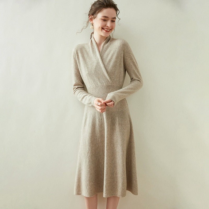 Women's A Line Cashmere Wrap Dress Tea Length Solid Cashmere Sweater Dresses Women Cashmere Dress