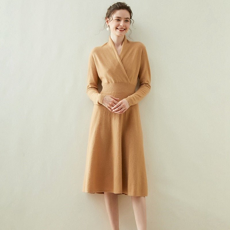 Womens Cashmere Wrap Dress Long Sleeve Elegant A - Line Midi Dress