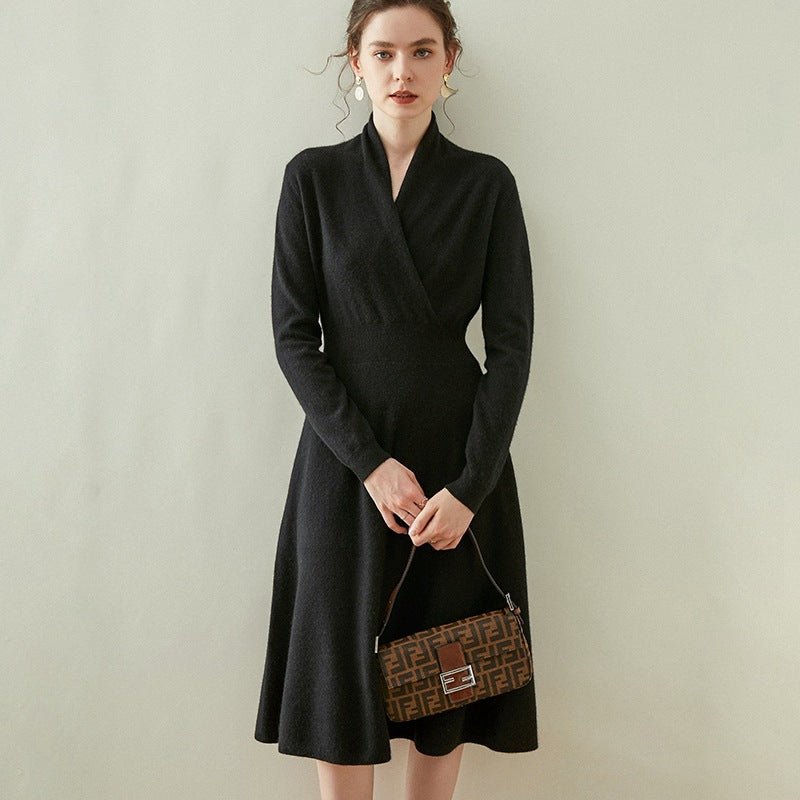 Women's A Line Cashmere Wrap Dress Tea Length Solid Cashmere Sweater Dresses Women Cashmere Dress