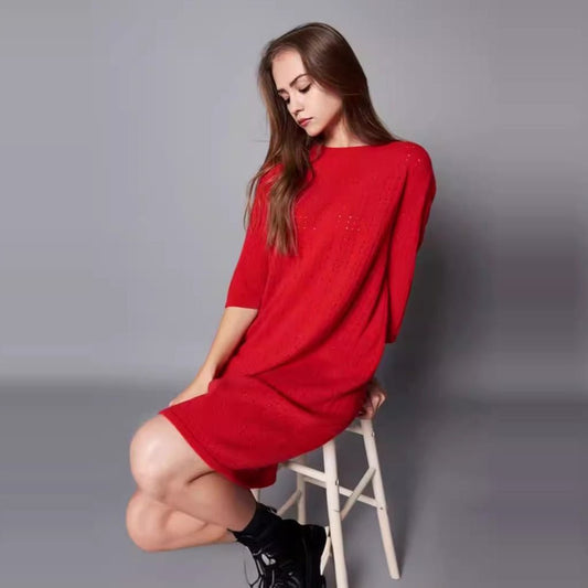 Womens Boat Neck Cashmere Dresses Half Sleeve Cashmere Sweater Dress - slipintosoft