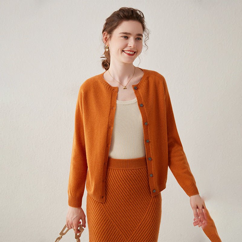 Womens Button Down Cashmere Cardigan Round Neck Long Sleeve Cashmere Sweater Orange XS