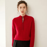 Womens Cable Knit Cashmere Sweater Half Zip Mock Neck Cashmere Pullover Claret XS
