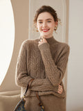 Womens Cable Knitted Cashmere Sweater Half Turtleneck Solid Cashmere Blouses - slipintosoft