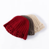 Womens Cashmere Beanie Textured Ribbed Cashmere Bucket Hat with Floral Trim Claret M