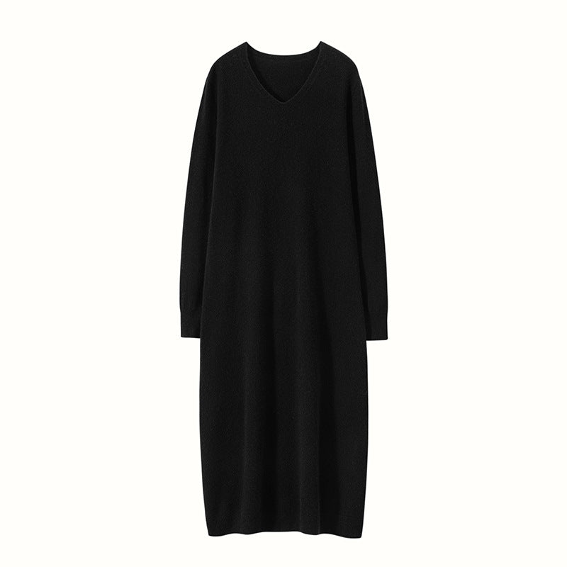Womens Cashmere Knit Midi Dress Long Sleeve V Neck Cashmere Dress
