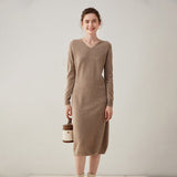 Womens Cashmere Knit Midi Dress Long Sleeve V Neck Cashmere Dress