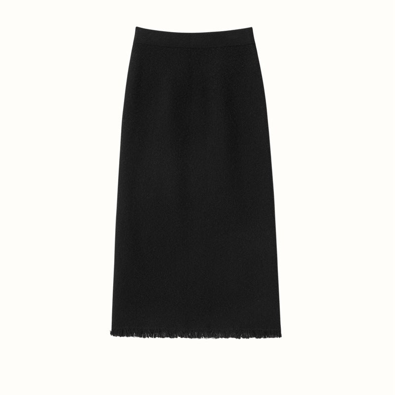 Womens Cashmere Knit Midi Skirt High Waist Frayed Hem Cashmere Dresses