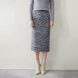 Womens Cashmere Knit Midi Skirt High Waist Zebra Stripe Print Dress