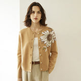 Womens Crew Neck Cashmere Cardigans Elegant Embroidery Sunflower Cashmere Coat Wool Cashmere Sweater