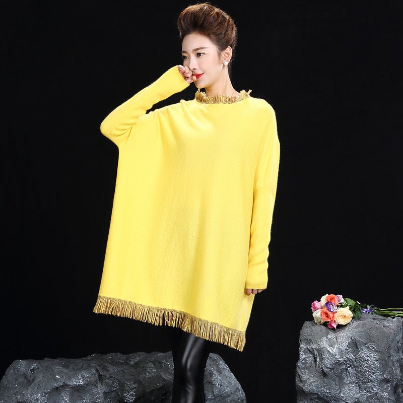 Womens Crew Neck Cashmere Dresses Long Sleeve Cashmere Sweater Dress with Tassel - slipintosoft