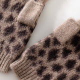 womens cute winter leopard print cashmere gloves cashmere knitted half - finger gloves - slipintosoft