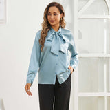 Pure Silk Shirts for Womens Bow Tie Neck Silk Blouse Elegant Long Sleeve Lady Silk Tops - slipintosoft