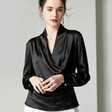 Womens Long Sleeves Loose Wrap Silk Blouse - slipintosoft