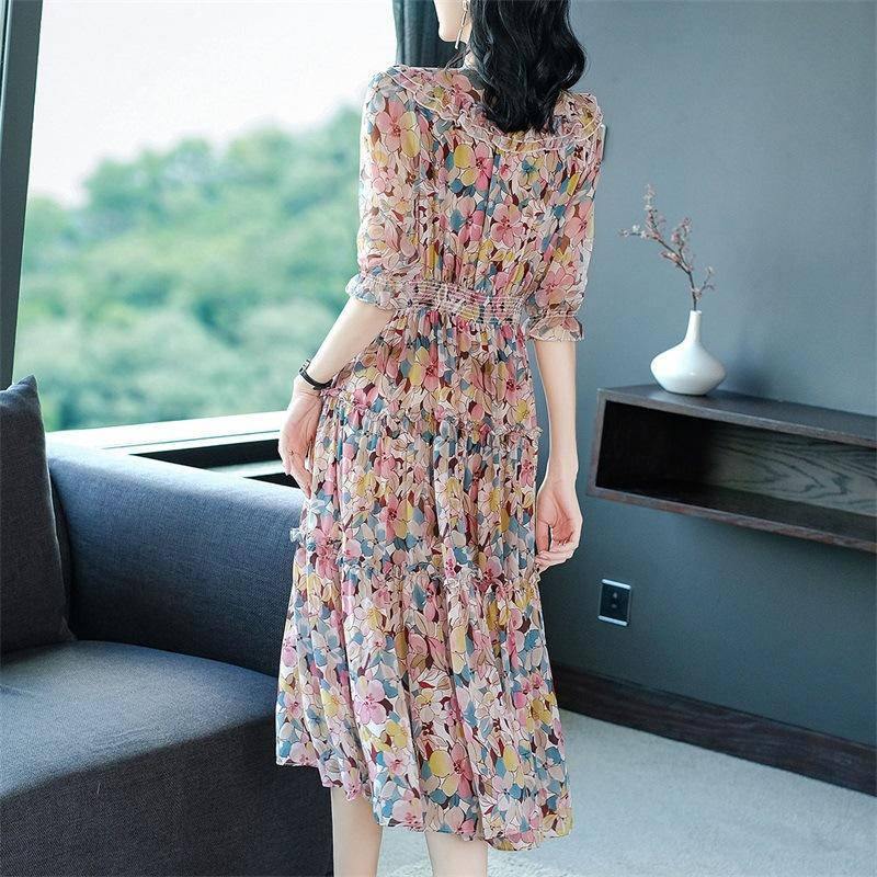 Women's Elegant Silk Dresses V Necked Floral Printed Silk Dress - slipintosoft