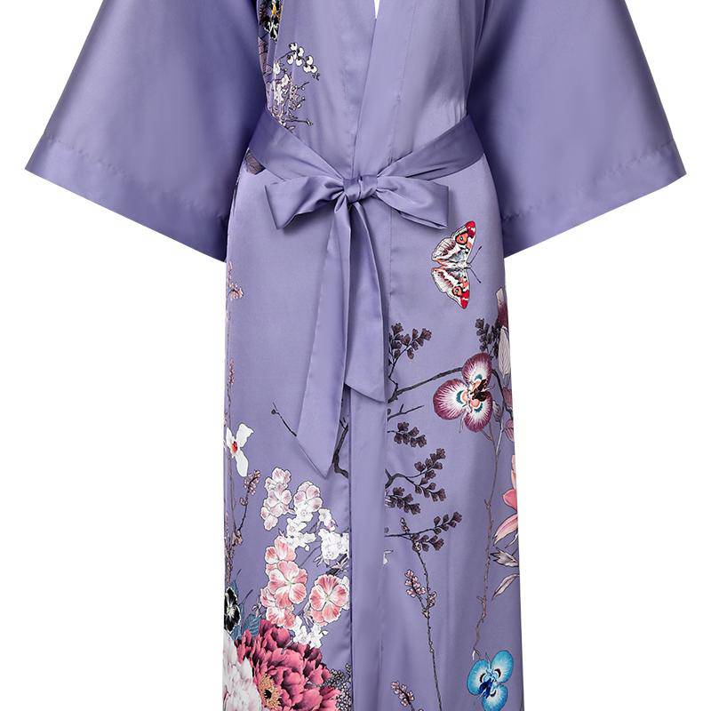 Women's Long Purple Silk Kimono Robe with Sash Colorful Blossoms and Butterflies Paints All Sizes - slipintosoft