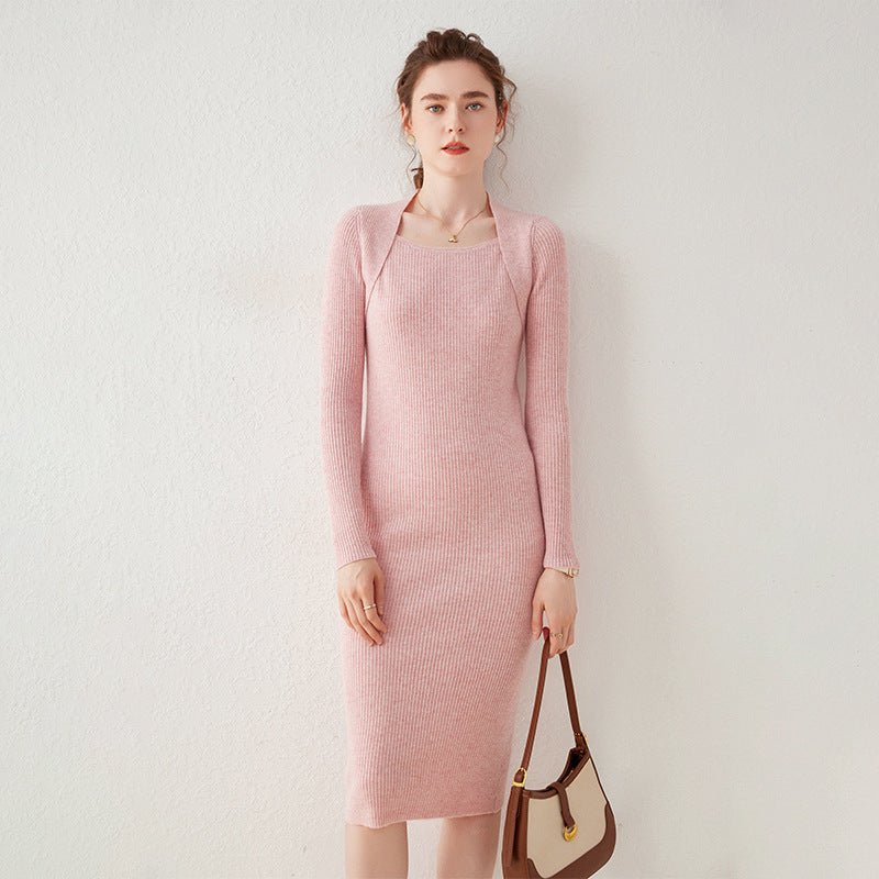 Womens Cashmere Ribbed Knit Midi Dress Long Sleeve Square Neck Dress