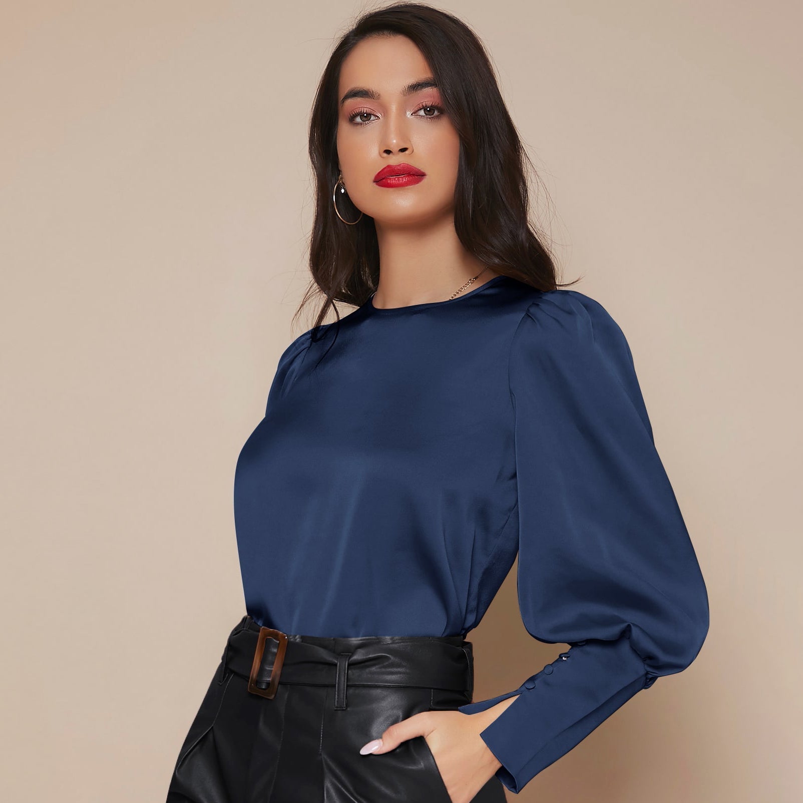 Women's Lantern Sleeve Silk Top Luxury 22mm Mulberry Long Sleeves Silk Shirt - slipintosoft