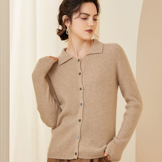 Women's Polo Neck Button Front Cashmere Cardigan Long Sleeve Cashmere Tops - slipintosoft