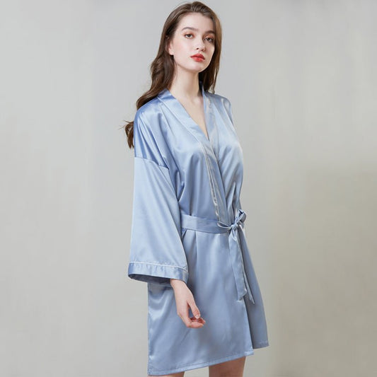 Womens Light Blue Mid Length Silk Kimono Robe with White Trimming - slipintosoft