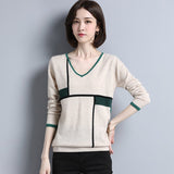 Women's Lightweight V-neck Cashmere Sweater Contrast Color Knit Sweater - slipintosoft