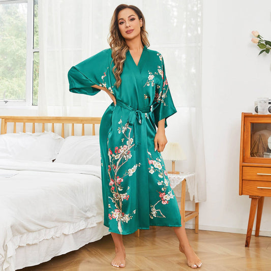 Robes kimono en soie pure avec impression de fleurs longues pour femmes, peignoir en soie