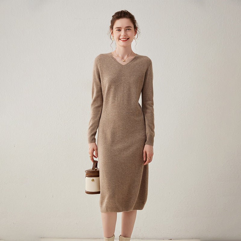 Women's Long Cashmere Dresses V Neck Cashmere Knitted Dress Slim Fit Basic Dress Women Cashmere Dress