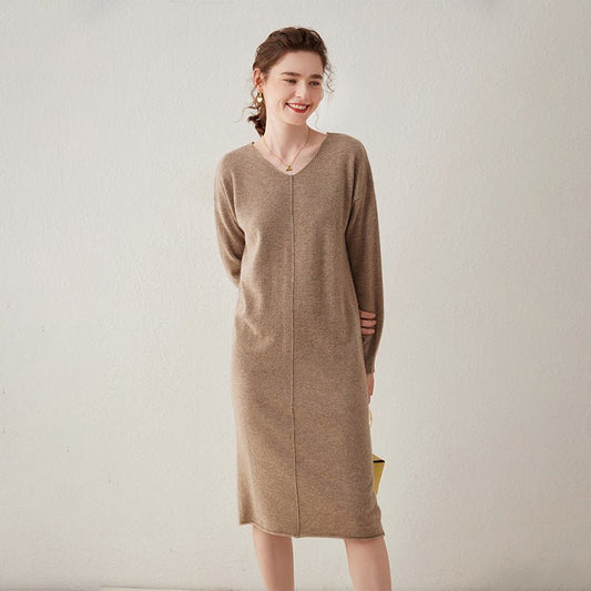 Women's Long Sleeve Cashmere Dresses V Neck Knitted Cashmere Sweater Dress - slipintosoft