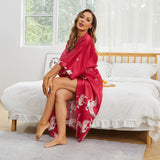 Long Silk Kimono Robe with Belt Crane Prints Women's Silk Robe - slipintosoft