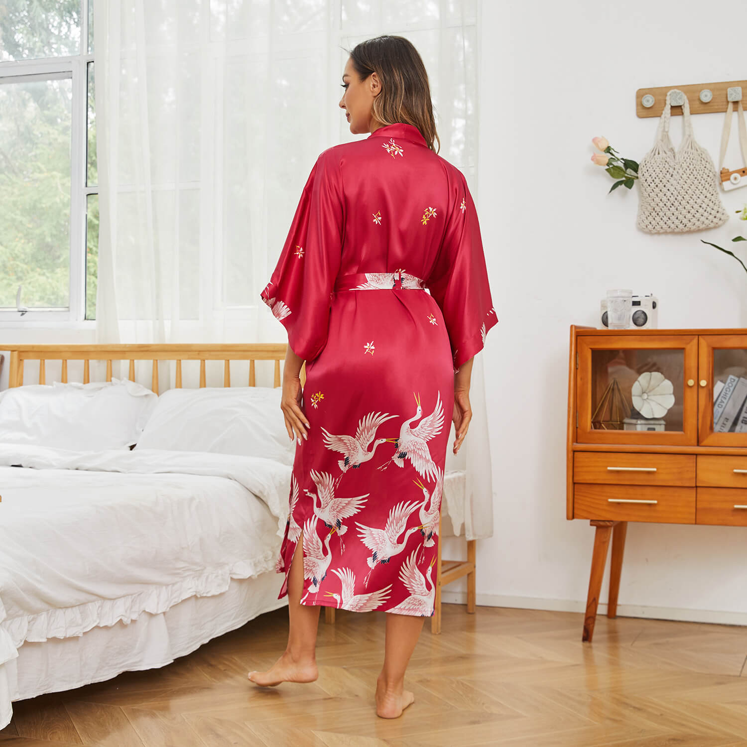 Long Silk Kimono Robe with Belt Crane Prints Women's Silk Robe - slipintosoft