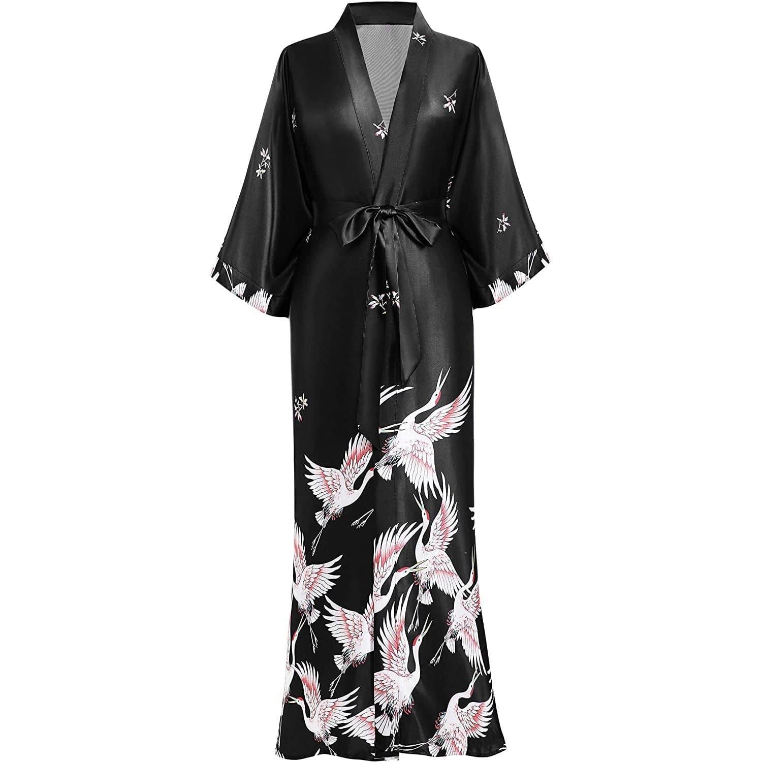 Long Silk Kimono Robe with Belt Crane Prints Women's Silk Robe - slipintosoft