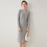 Womens Cashmere Ribbed Knit Midi Dress Long Sleeve V Neck Wrap Dress