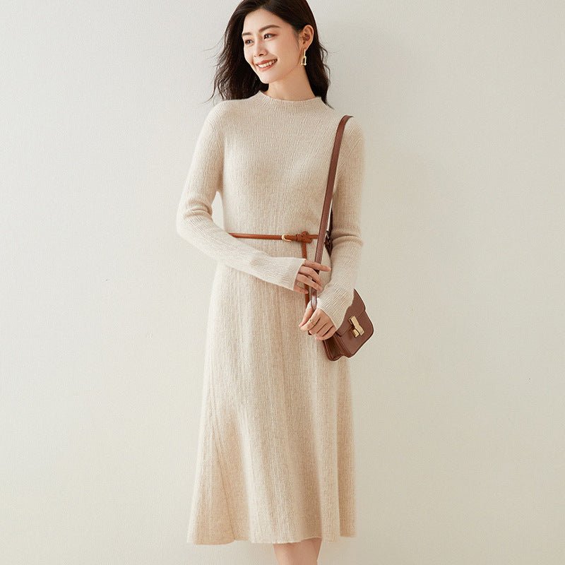 Womens Mock Neck Cashmere Dress Tea Length Slim Fit Cashmere Knit Dresses Women Cashmere Dress