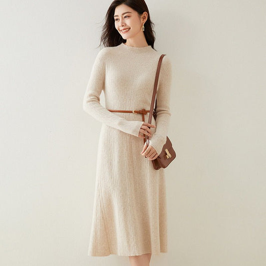 Womens Mock Neck Cashmere Dress Tea Length Slim Fit Cashmere Knit Dresses Women Cashmere Dress