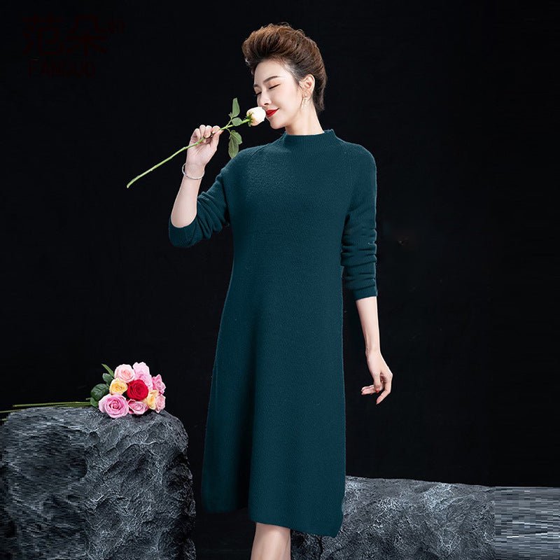 Womens Mock Neck Cashmere Dresses Tea Length Cashmere Sweater Dress - slipintosoft