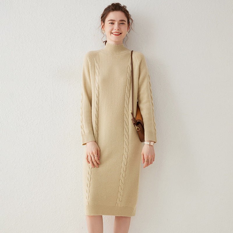 Womens Cashmere Cable Knit Midi Dress Long Sleeve Mock Neck Dress