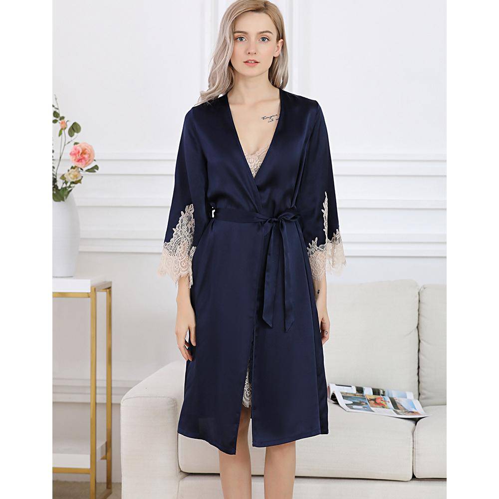 Women's Mulberry Silk Nightgown Robe Set with Lace Silk Robe Set - slipintosoft