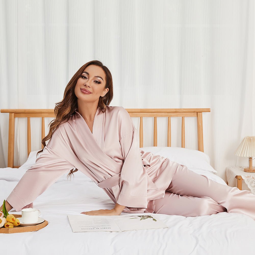 Women's Pure Silk Robe and Pajama Set with Pockets - slipintosoft