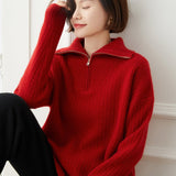 Women's Relaxed-Fit Ribbed Half Zip-up Cashmere Sweater - slipintosoft