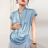 Womens Short Sleeves Wrap Silk Blouse Tops - slipintosoft