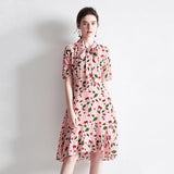 Womens Silk A - Line Dress with Bow Tie Neck Ruffle Hem Printed Silk Dress