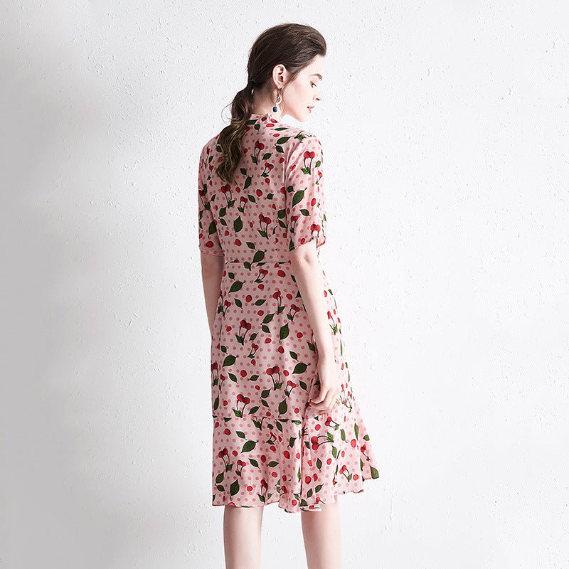 Womens Silk A - Line Dress with Bow Tie Neck Ruffle Hem Printed Silk Dress