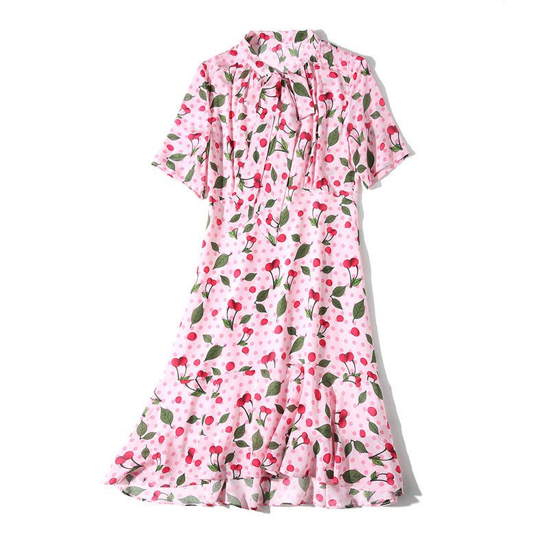 Womens Silk A - Line Dress with Bow Tie Neck Ruffle Hem Printed Silk Dress