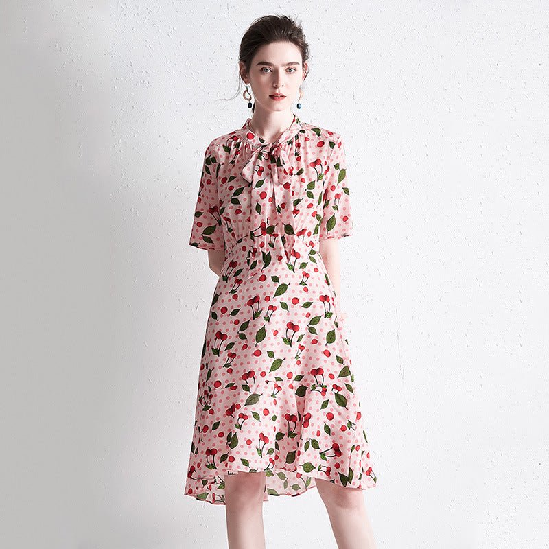 Womens Silk A - Line Dress with Bow Tie Neck Ruffle Hem Printed Silk Dress