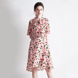 Womens Silk A - Line Dress with Bow Tie Neck Ruffle Hem Printed Silk Dress
