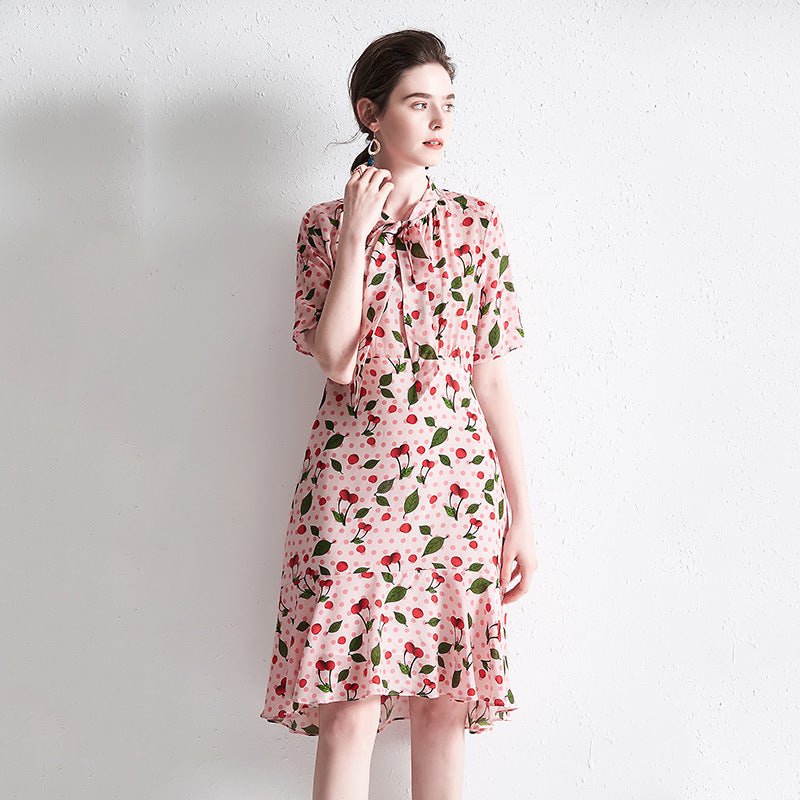 Womens Silk A - Line Dress with Bow Tie Neck Ruffle Hem Printed Silk Dress